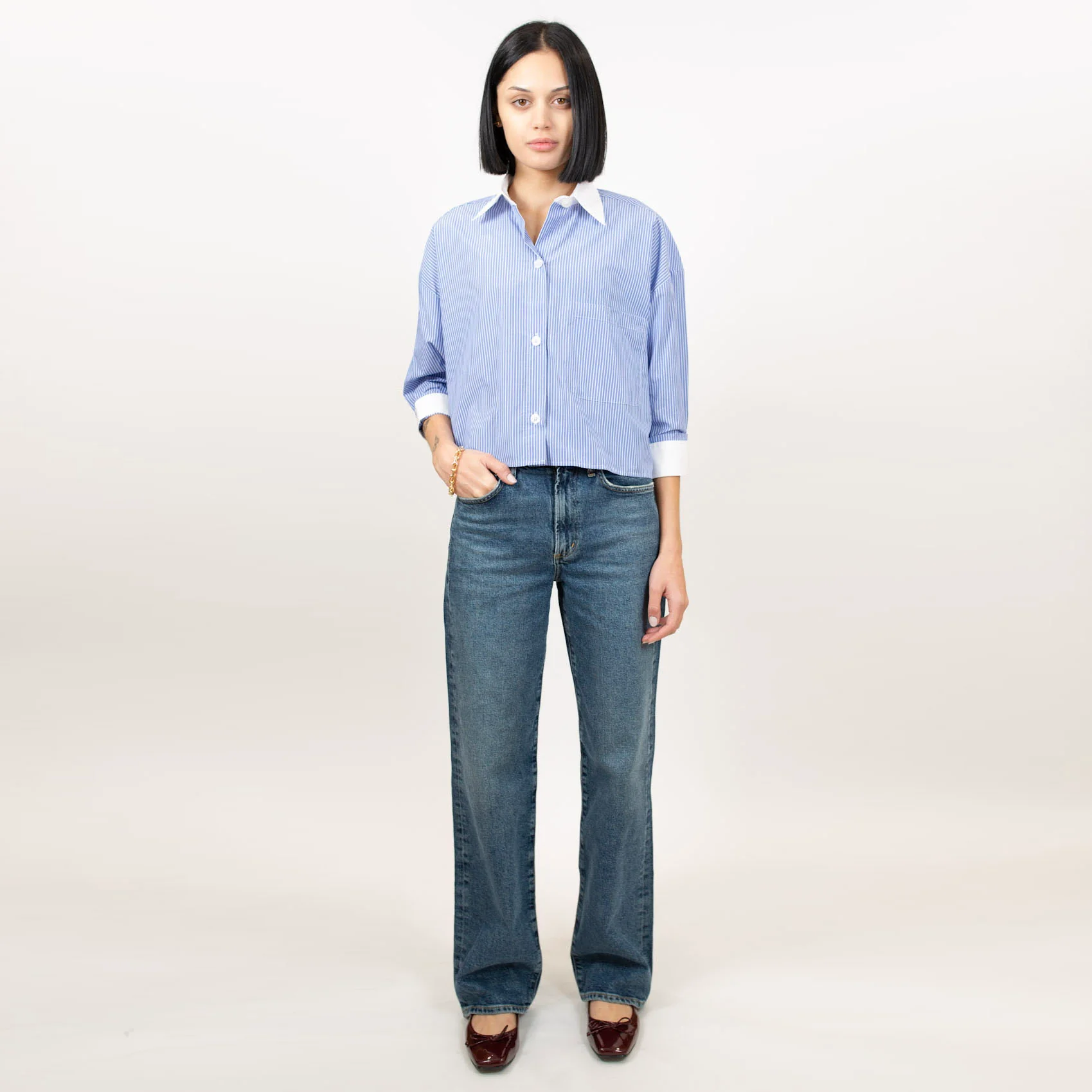 Kat Stripe Collar Crop Shirt