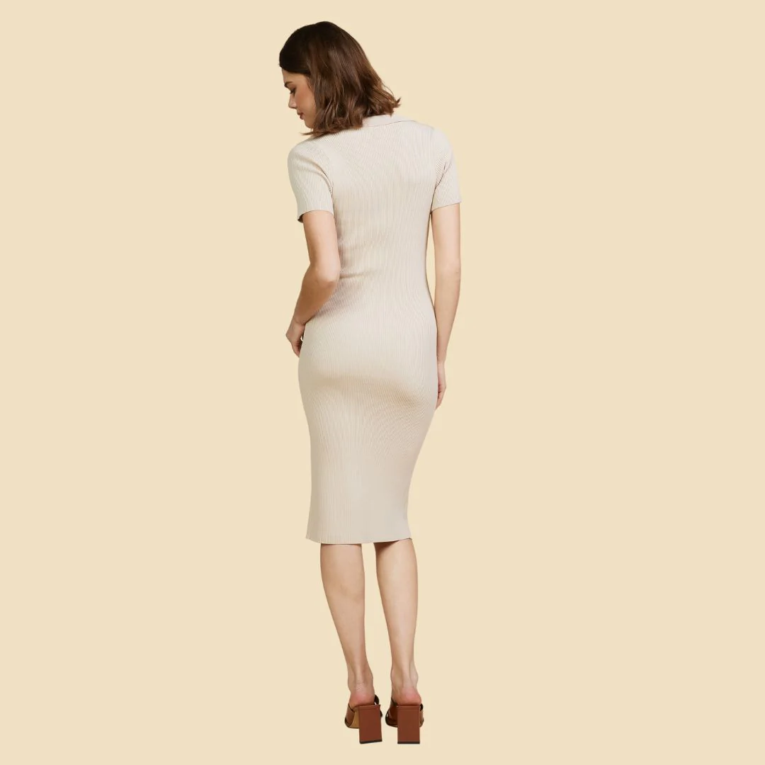 Knit Fitted Button Dress (Taupe) - Image 3