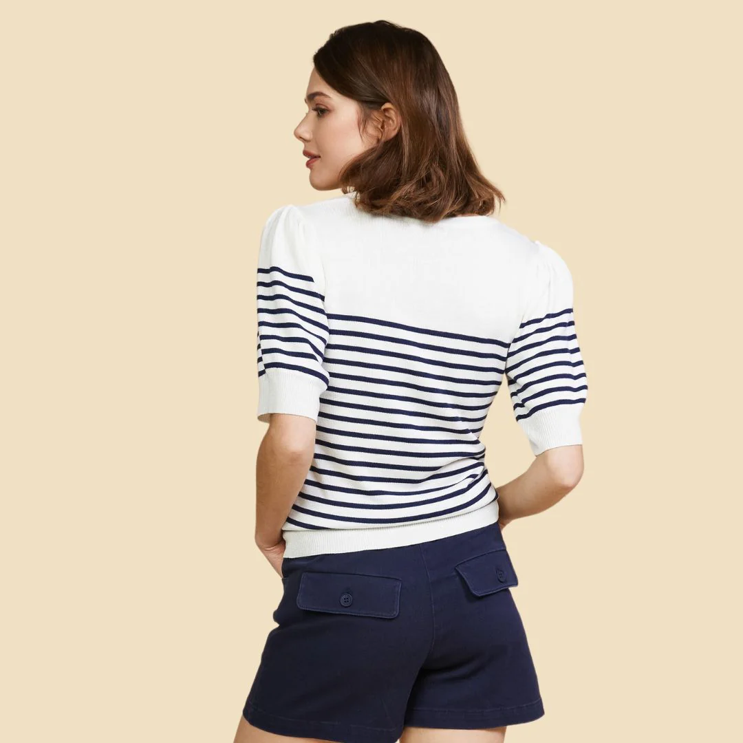 Knit Stripe Short Sleeve Top (White Navy) - Image 2
