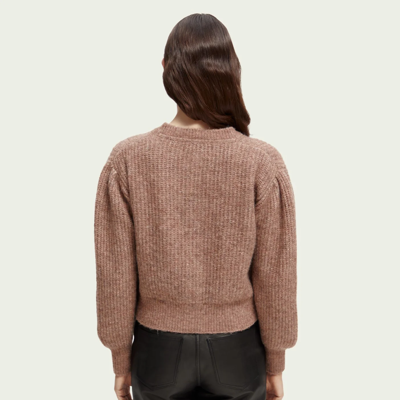 Knitted Crewneck Cardigan with Puffed Sleeves - Image 2