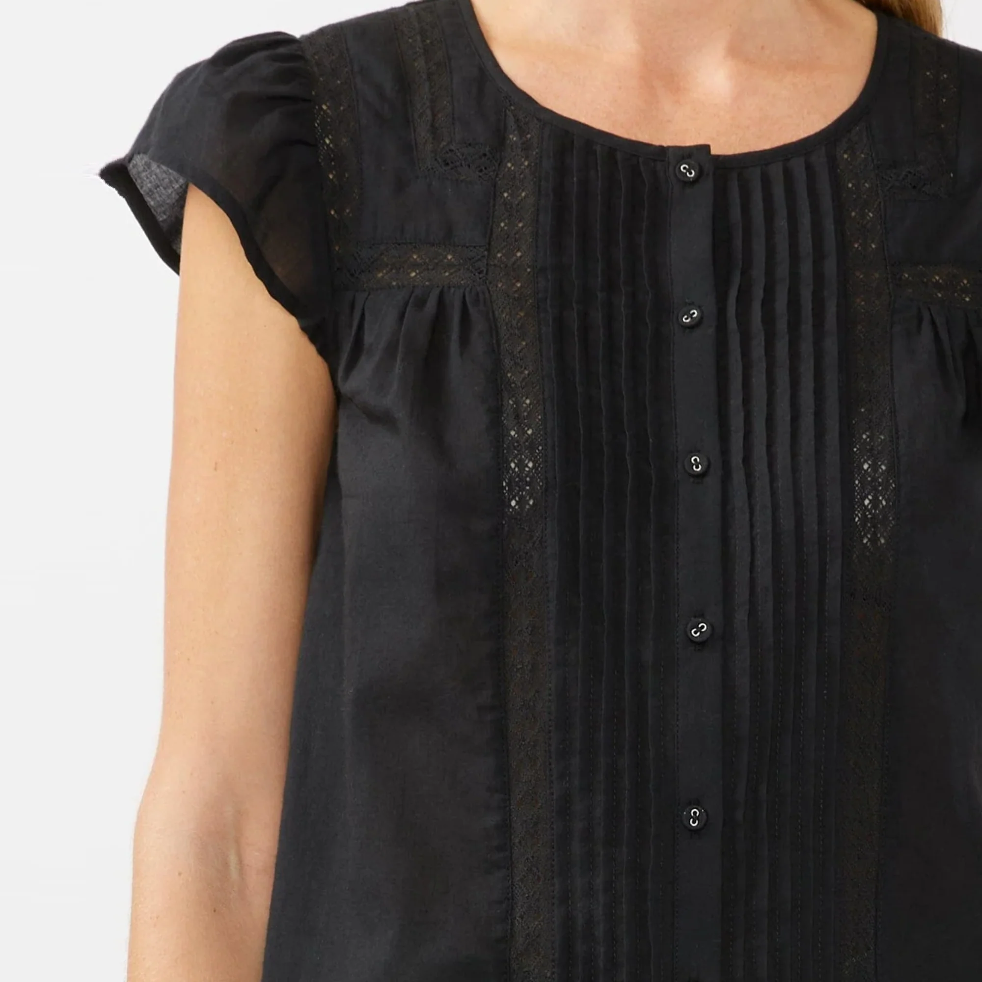 Lace Trim Flutter Sleeve Button Down Top (Black) - Image 4