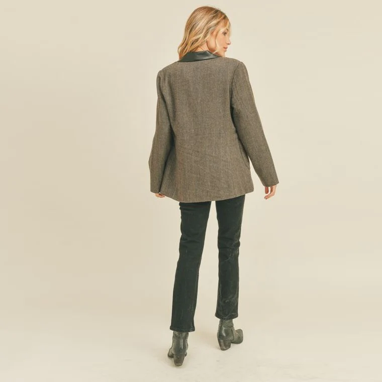 Leather Collar Blazer (Charcoal Herringbone) - Image 2
