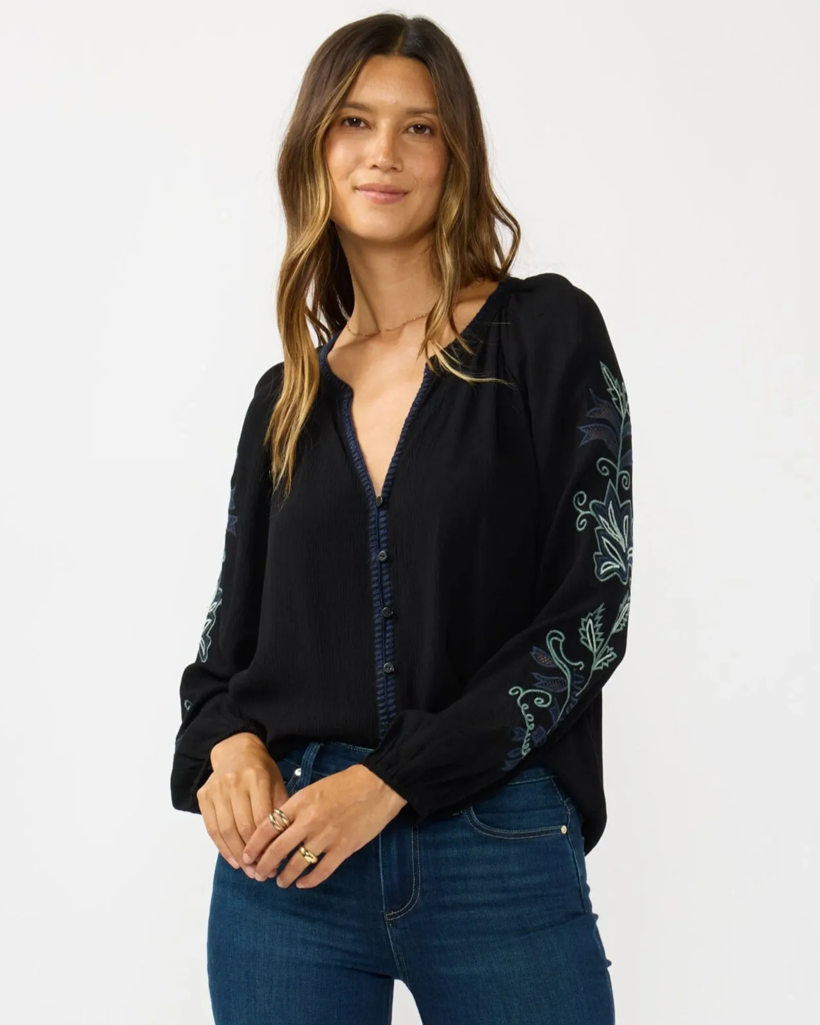 Lenora Embroidered Blouse (Black + Dusty Sage)
