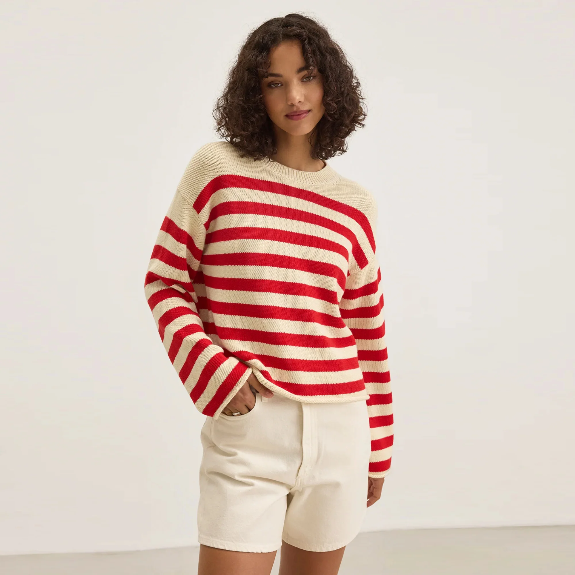 Lex Cotton Cashmere Sweater (Cream + Red)