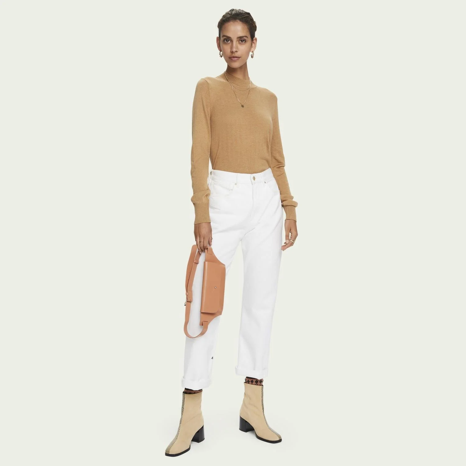 Lightweight Knit Mock Neck Sweater (Caramel Melange) - Image 2