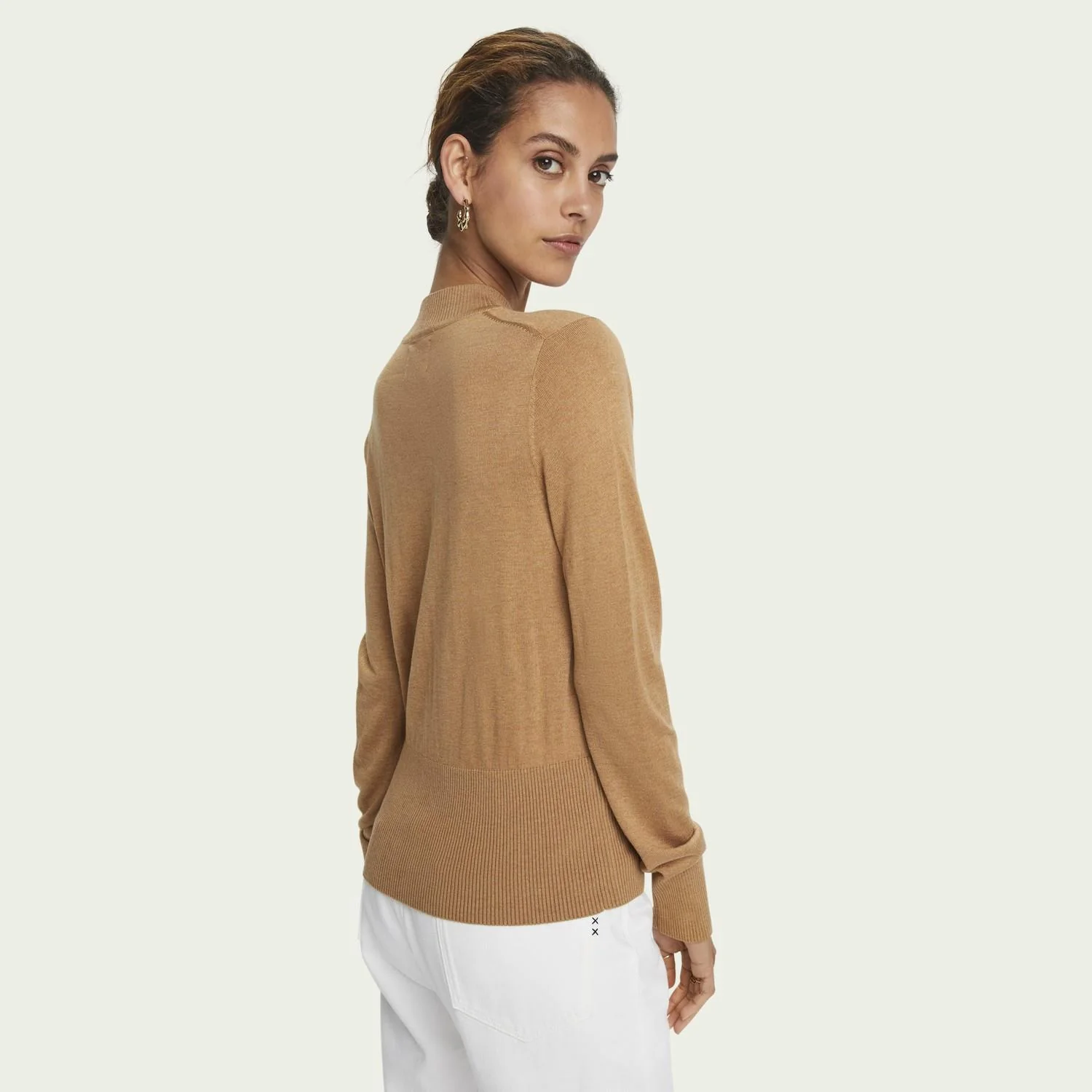 Lightweight Knit Mock Neck Sweater (Caramel Melange) - Image 3
