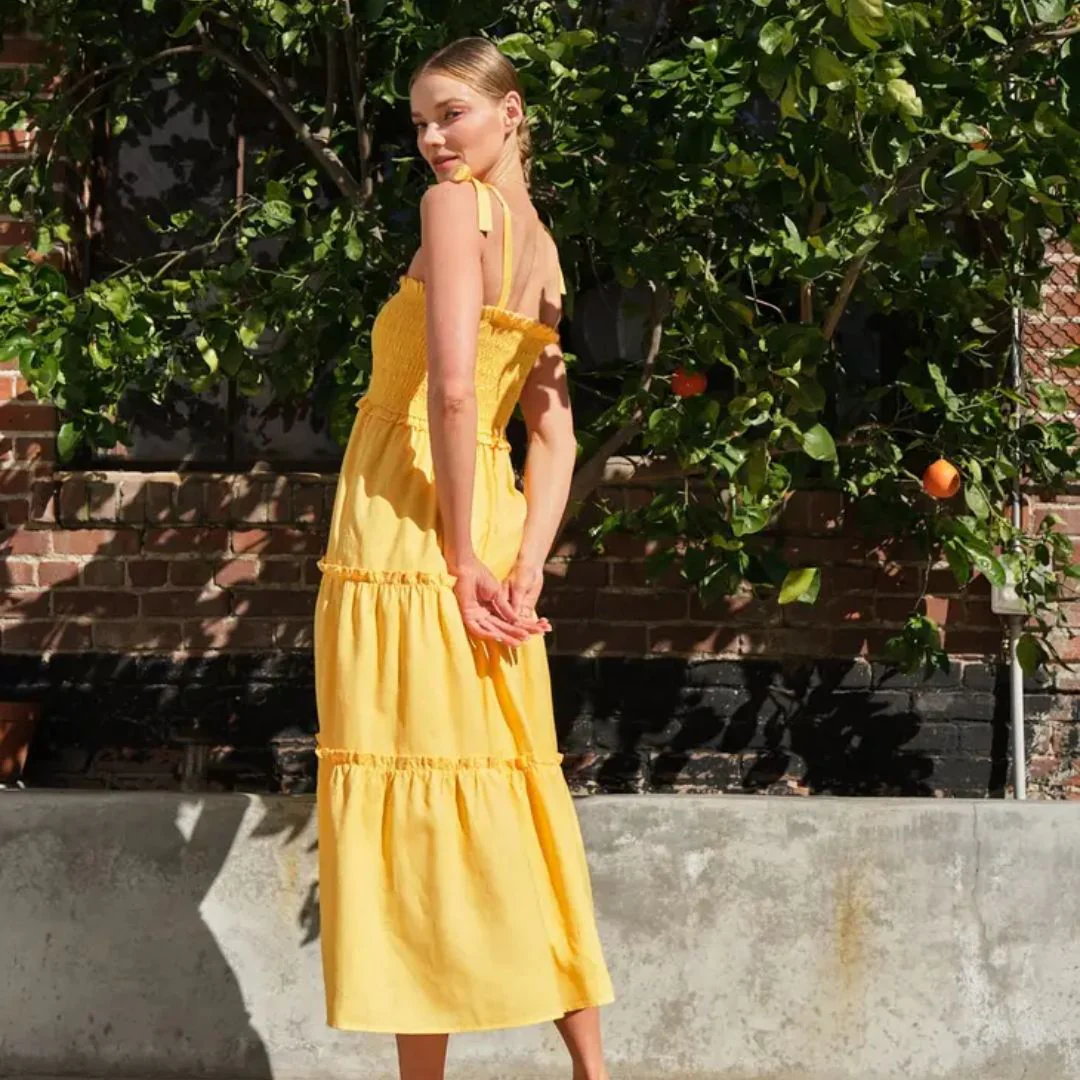 Linen Smocked Tier Midi Dress (Yellow) - Image 2