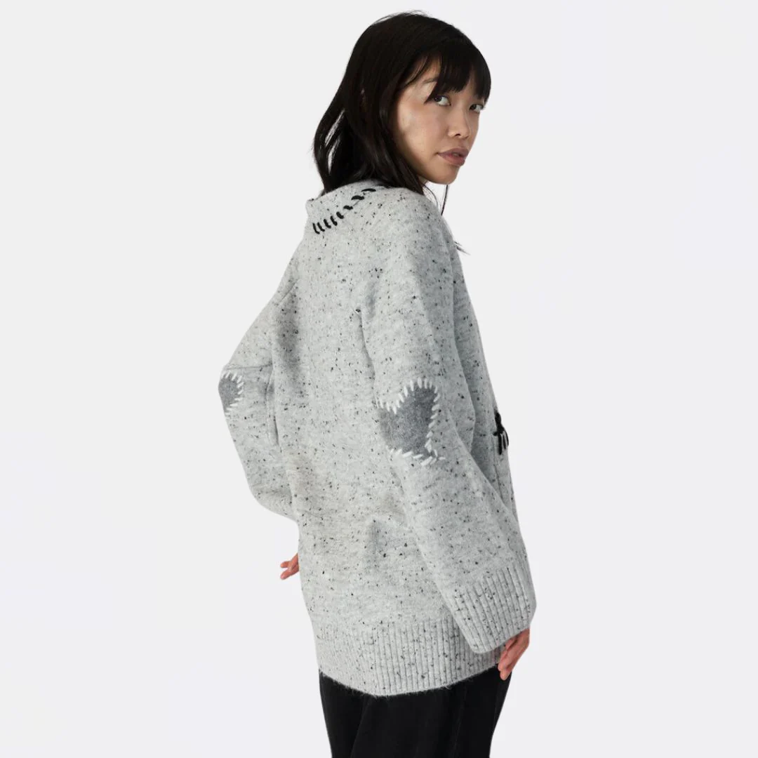 Shyla Long Cardigan with Elbow Heart Patches (Light Grey Fleck) - Image 2