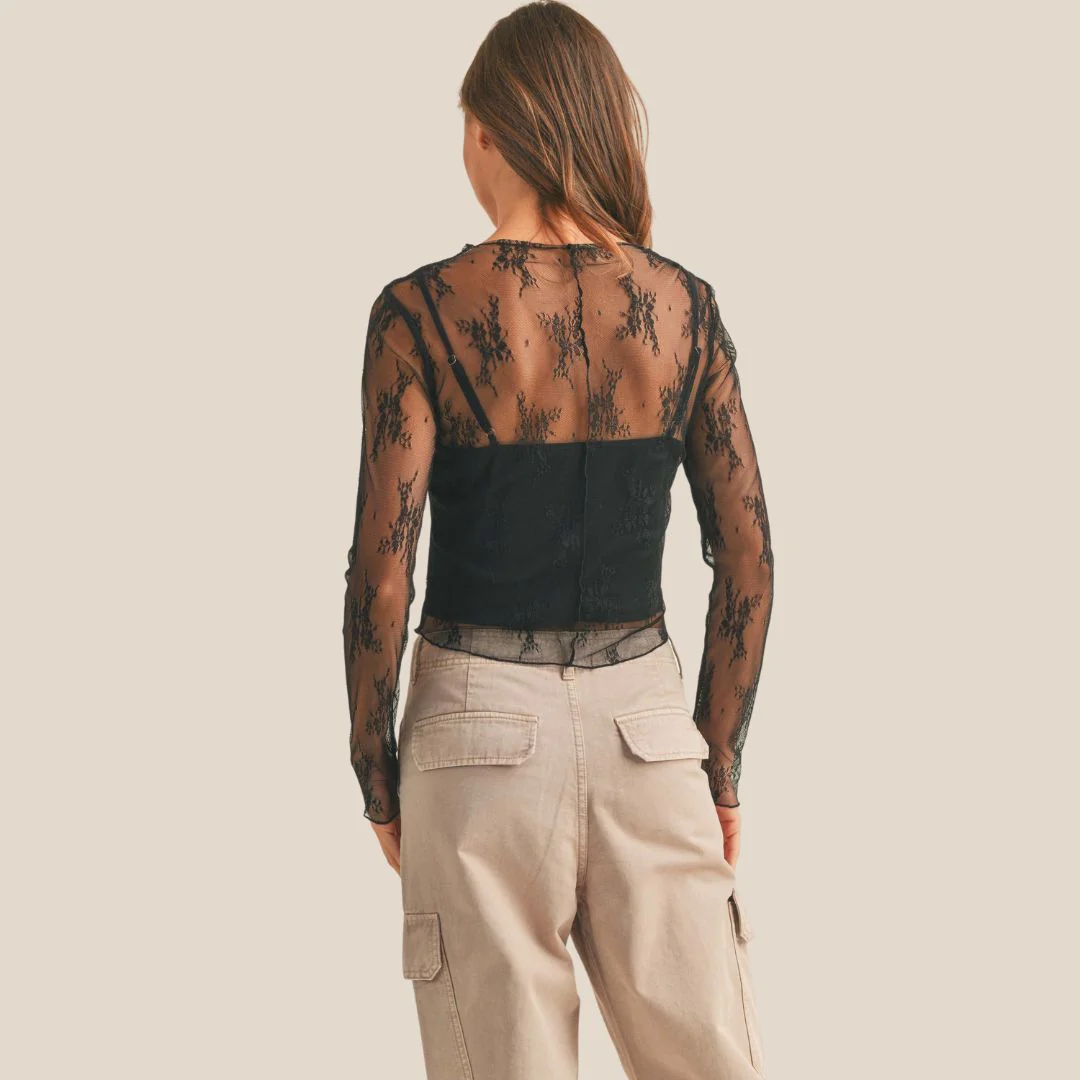 Long Sleeve Lace Fabric Top (Black) - Image 2