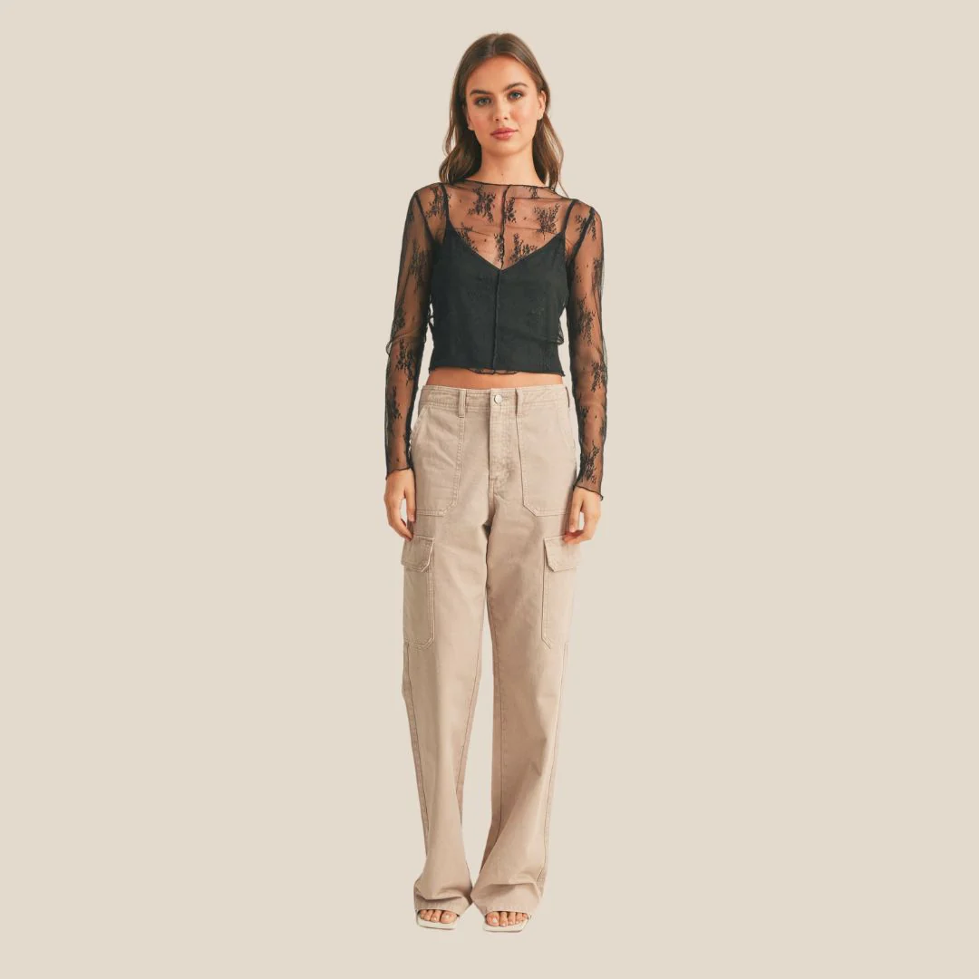 Long Sleeve Lace Fabric Top (Black) - Image 3