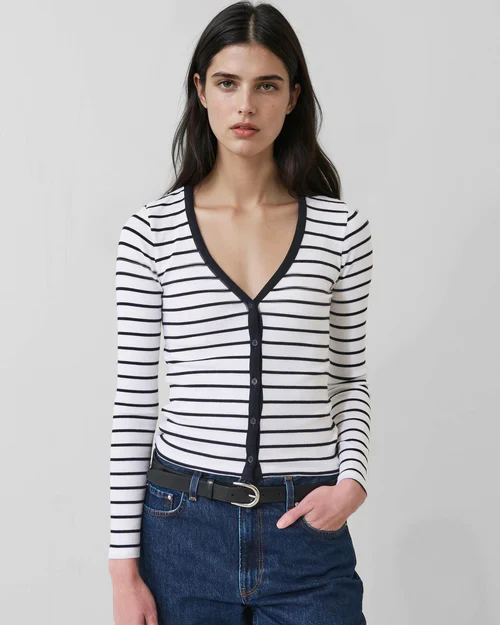 Long Sleeve Modal Cotton Stripe Rib Cardigan (Nautical Stripe)