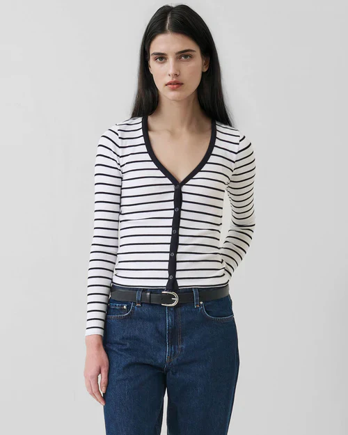 Long Sleeve Modal Cotton Stripe Rib Cardigan (Nautical Stripe) - Image 2