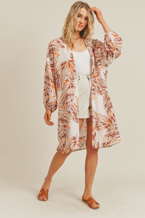 Long Sleeve Printed Kimono (Orange Brown Abstract) - Image 2
