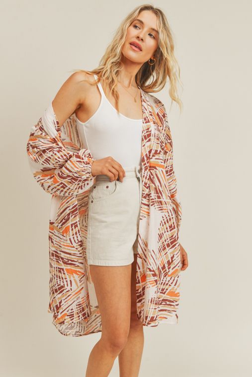 Long Sleeve Printed Kimono (Orange Brown Abstract) - Image 4