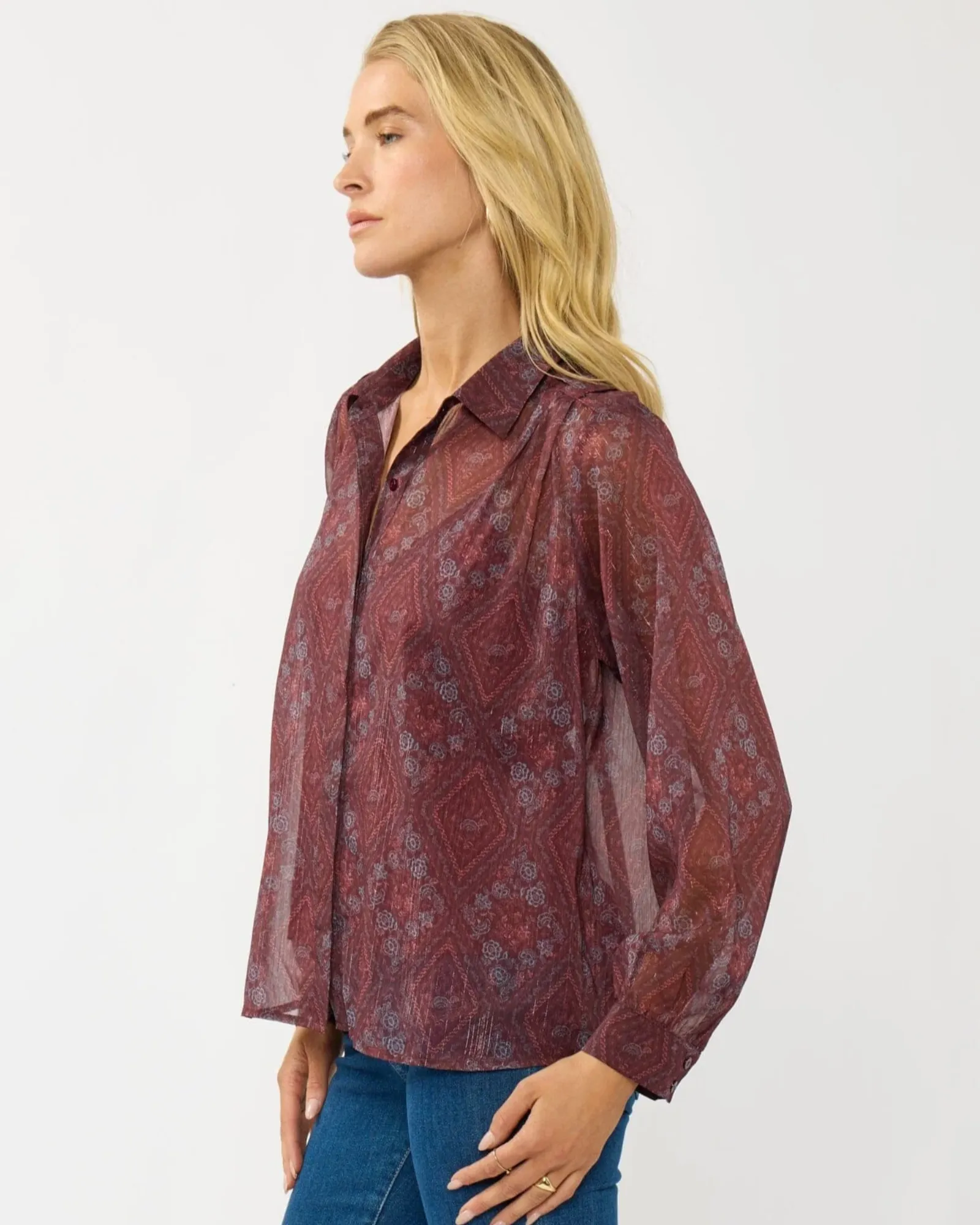 Long Sleeve Shirt w/ Shoulder Tab & Pleat Details (Wine + Rose) - Image 2