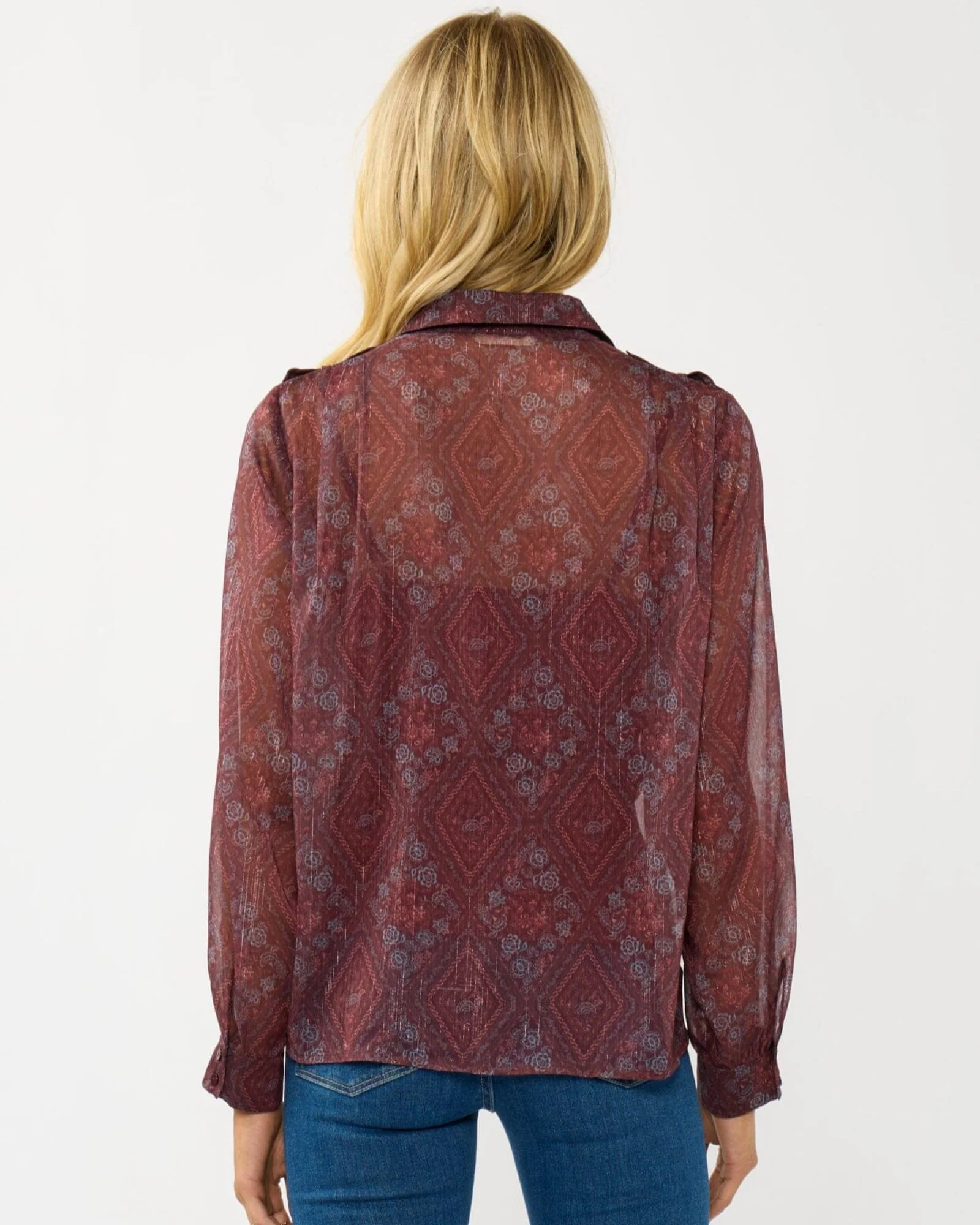 Long Sleeve Shirt w/ Shoulder Tab & Pleat Details (Wine + Rose) - Image 3