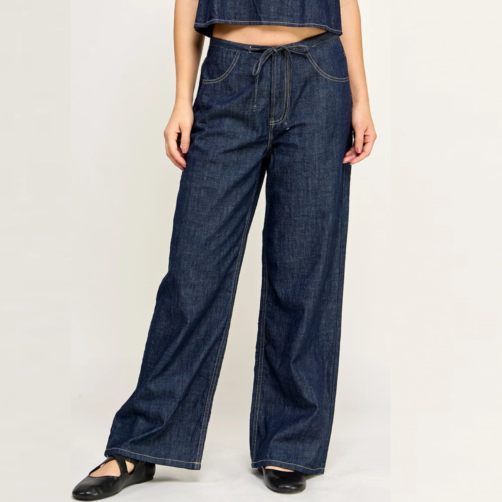 Loose Fit Denim Tie Waist Detail Jeans (Dark Denim)