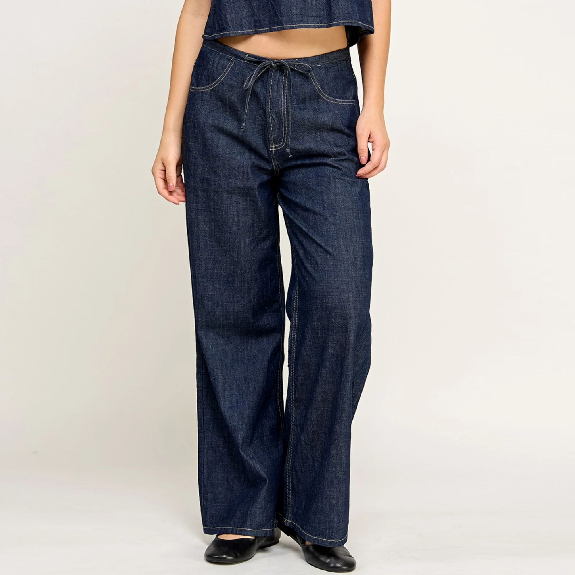 Loose Fit Denim Tie Waist Detail Jeans (Dark Denim) - Image 2