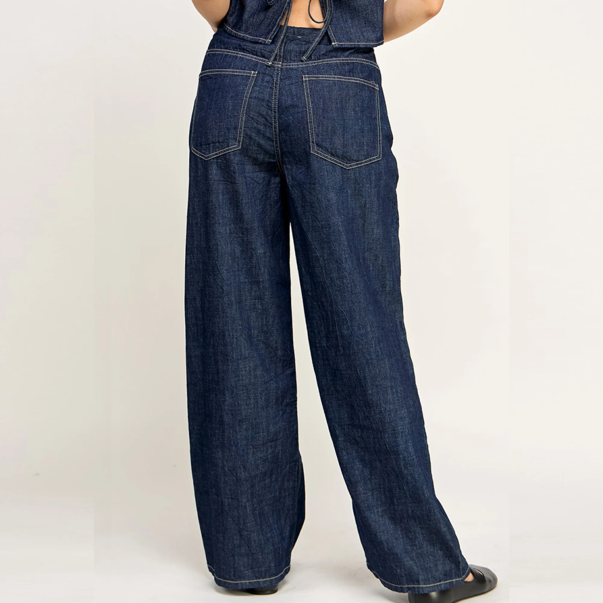 Loose Fit Denim Tie Waist Detail Jeans (Dark Denim) - Image 3