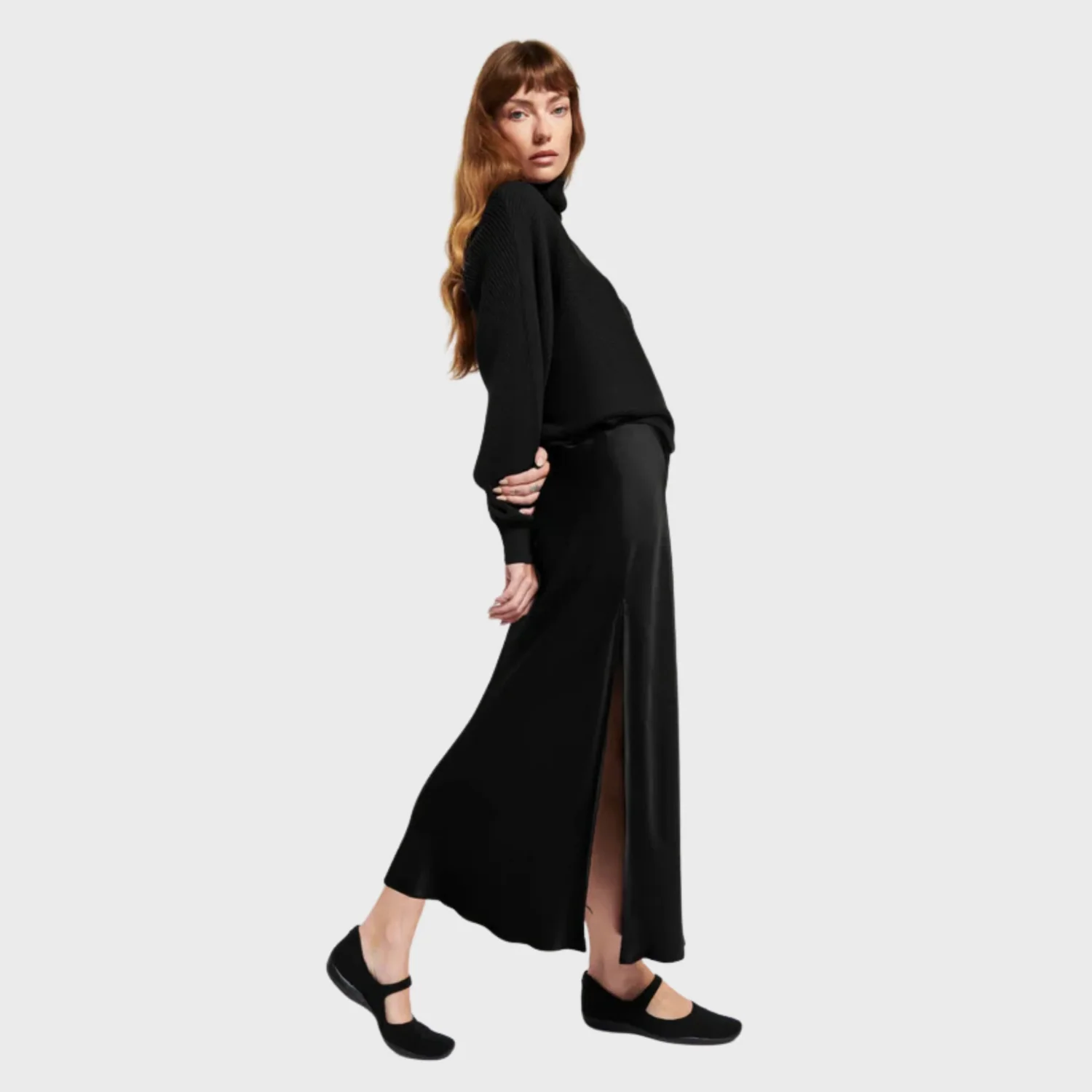 Maribel Bias Skirt w/Slit (Black) - Image 2
