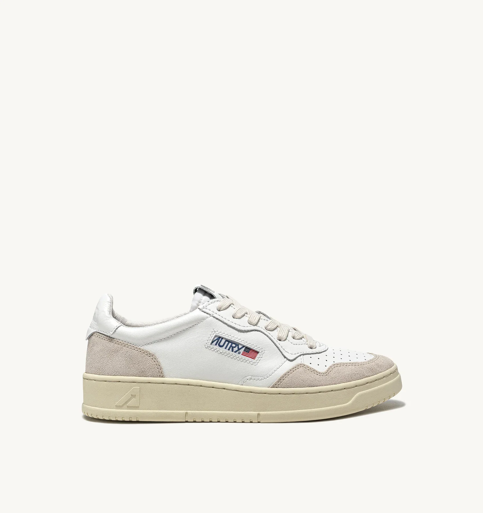 Medalist Low Sneaker (White Leather + Beige Suede)