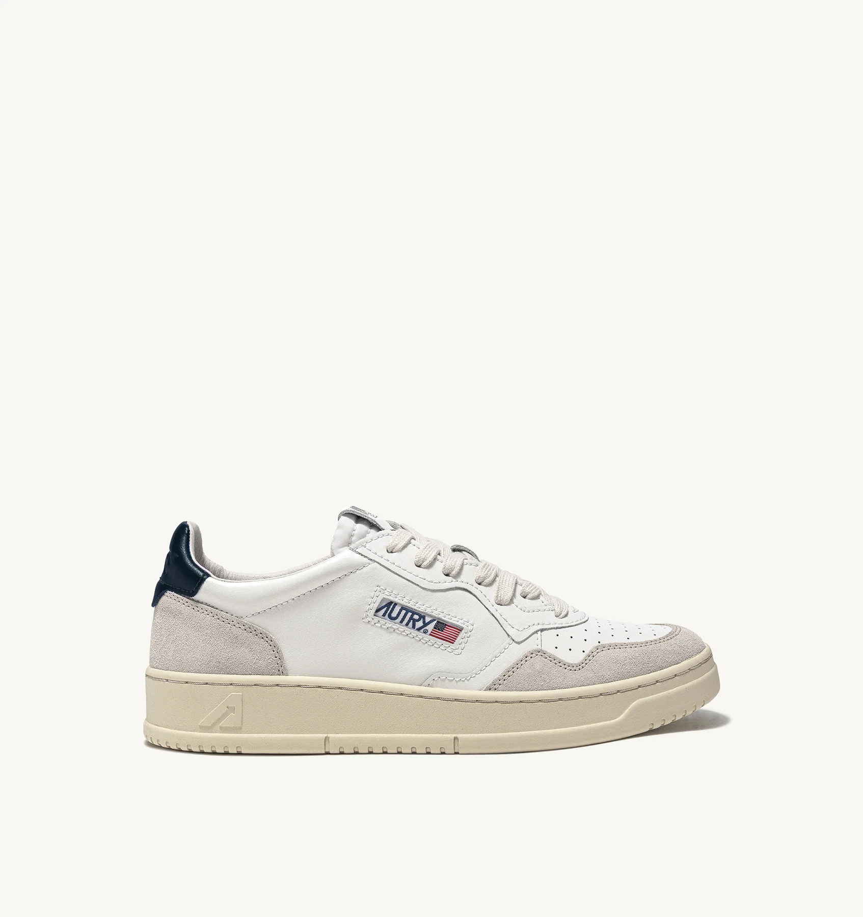 Medalist Low Sneaker (White Leather + Blue Leather + Beige Suede)