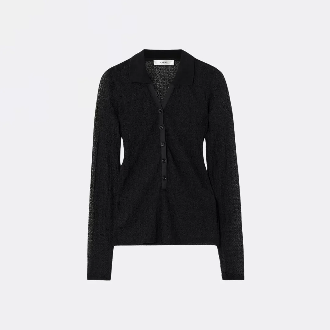 Mesh Lace Long Sleeve Polo (Black) - Image 2