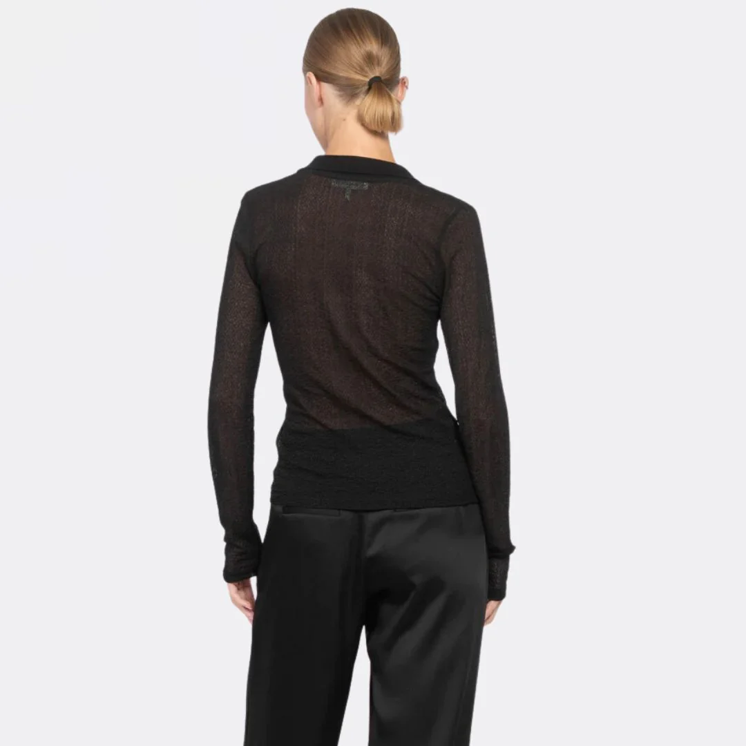 Mesh Lace Long Sleeve Polo (Black) - Image 3