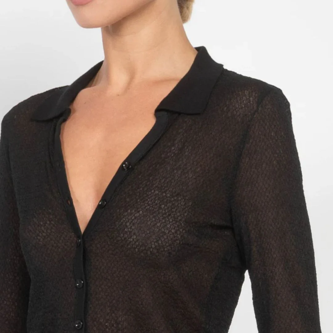 Mesh Lace Long Sleeve Polo (Black) - Image 4