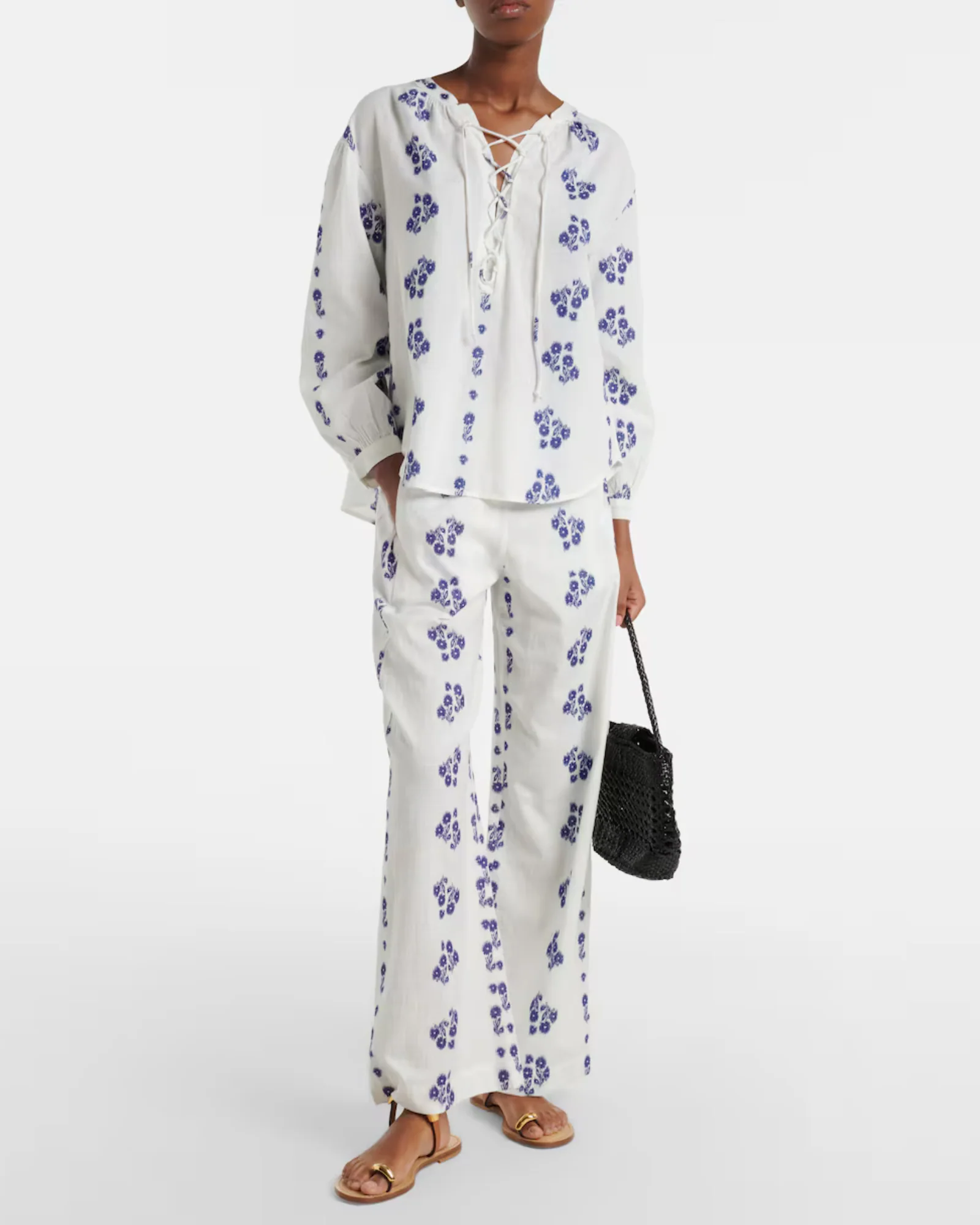 Nellie Floral Cotton Jacquard Pant (Cream + Cobalt)