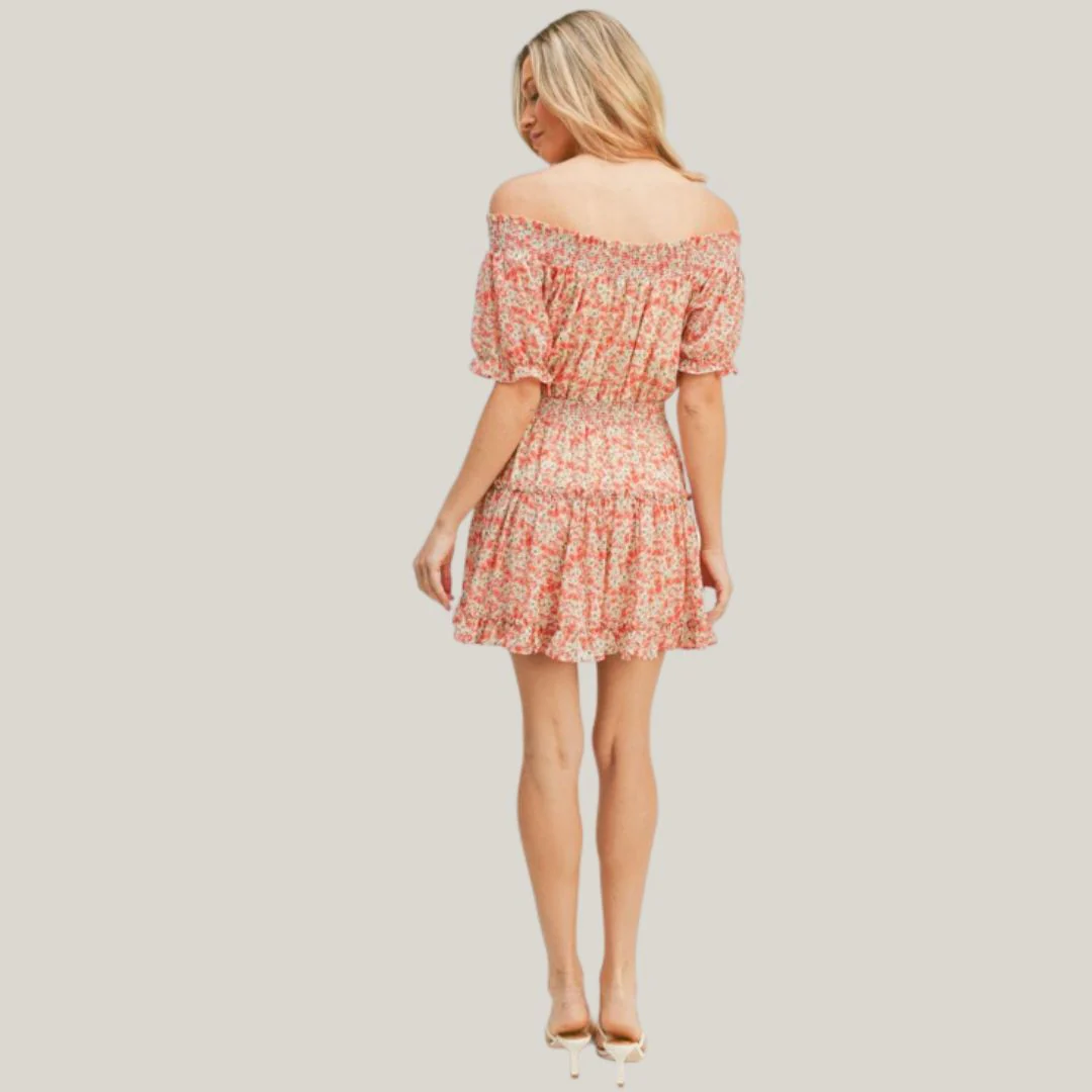 Off Shoulder Mini Dress (Cream Red Floral) - Image 2