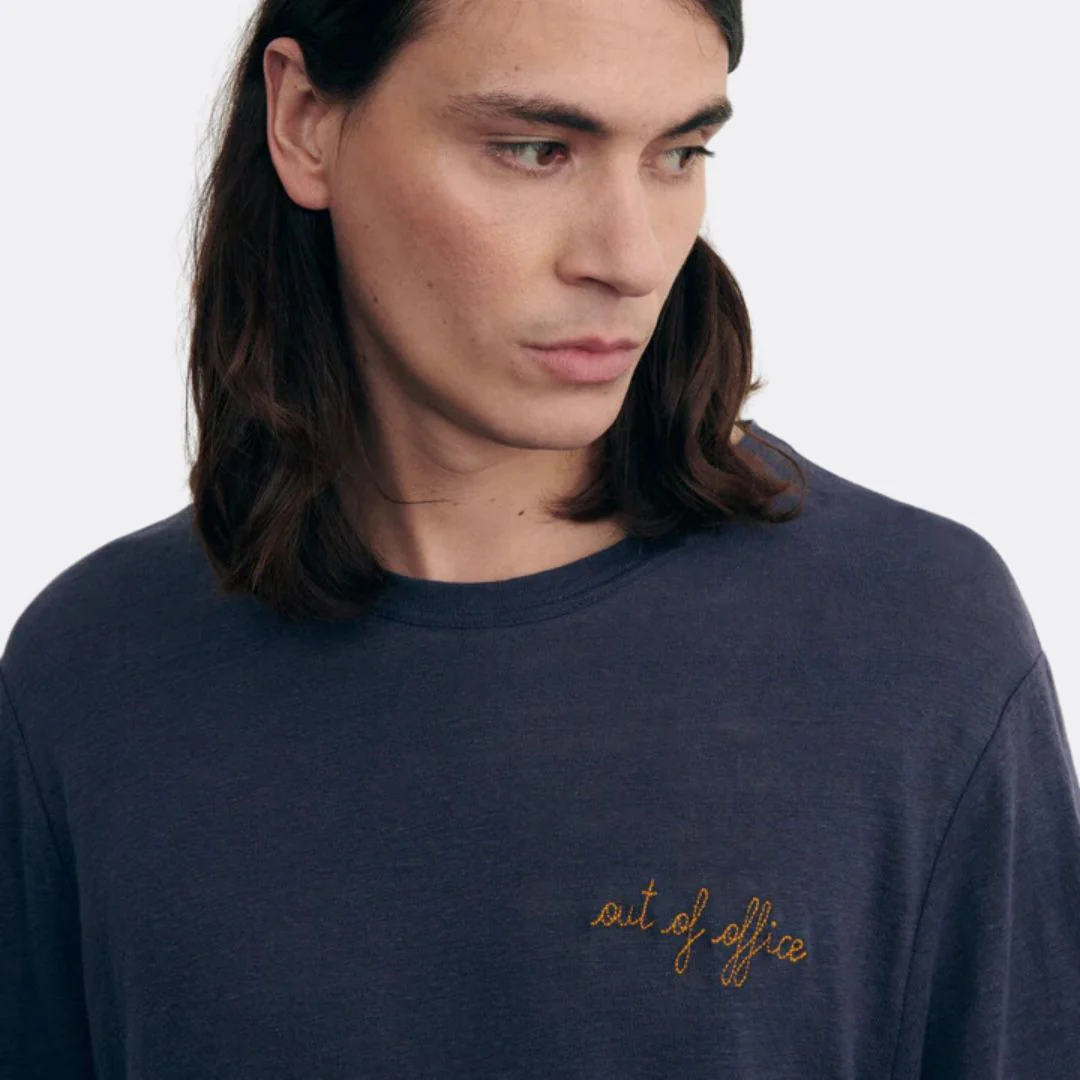 "Out of Office" Linen Villiers T-Shirt (Carbon Blue Washed) - Image 3