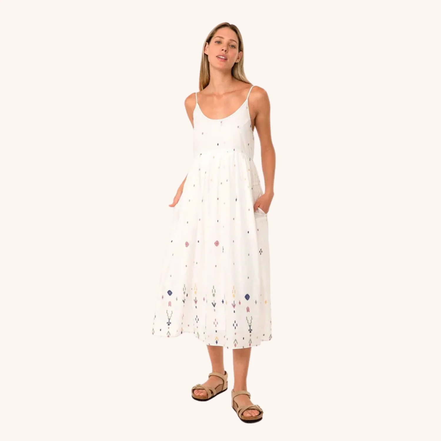 Paloma Embroidered Midi Dress (Natural + Olive)