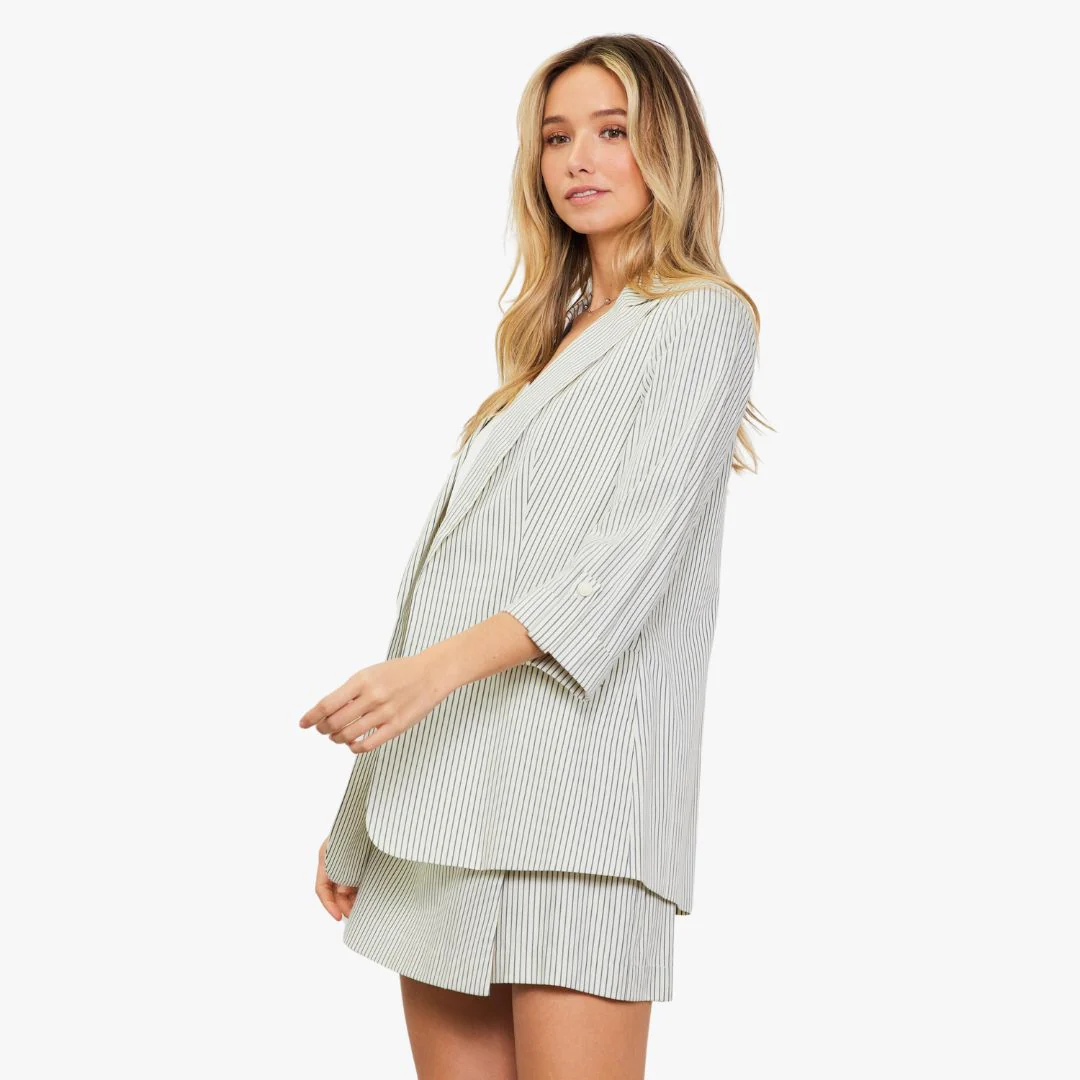 Pinstriped Rolled Sleeve Blazer (Ivory + Navy) - Image 2