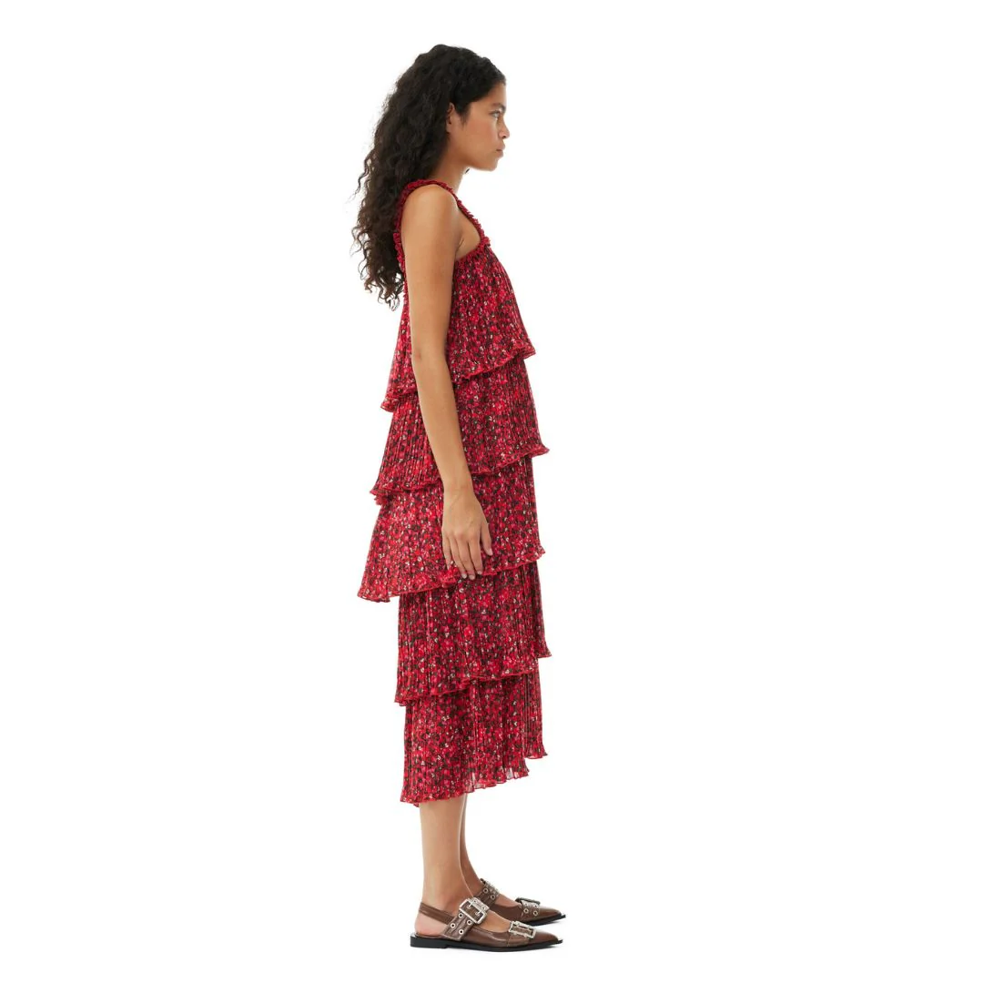Pleated Georgette Flounce Strap Midi Dress (Racing Red) - Image 3