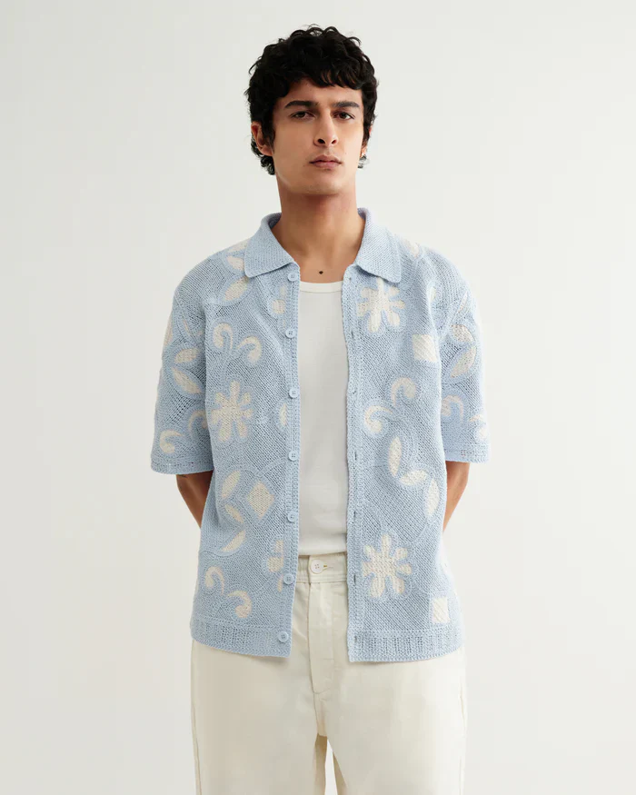 Porto SS Polo Doodle Crochet (Pale Blue + Ecru)