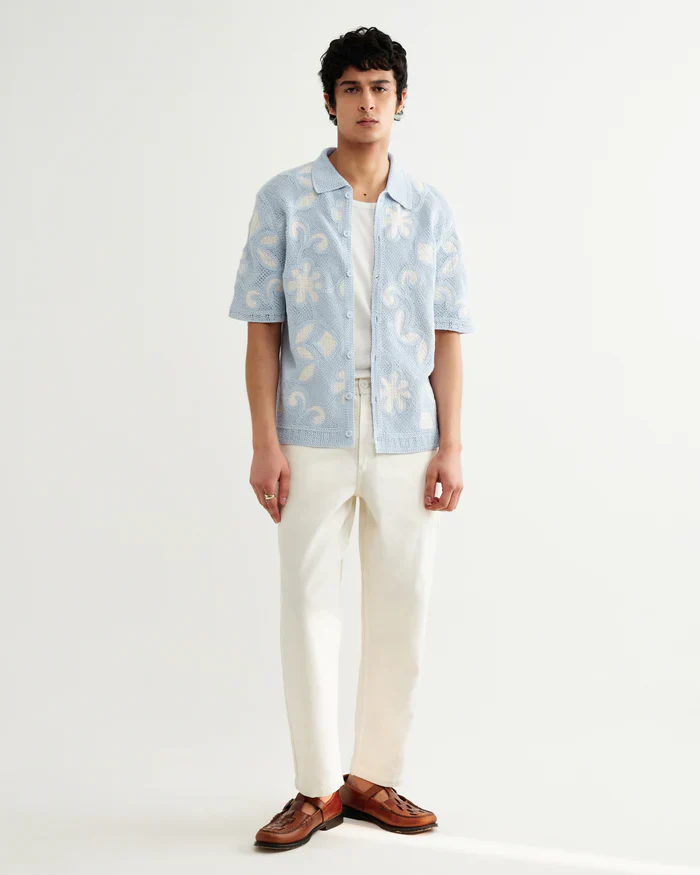 Porto SS Polo Doodle Crochet (Pale Blue + Ecru) - Image 4