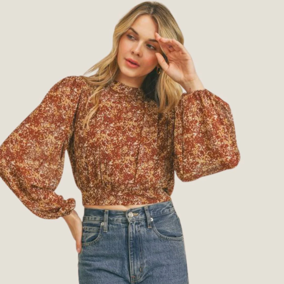 Printed Back Tie Cut Out Blouse (Brown) - Image 2