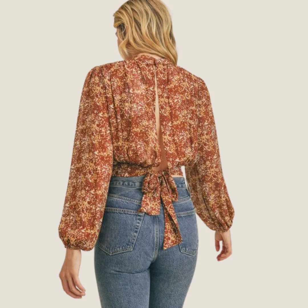 Printed Back Tie Cut Out Blouse (Brown) - Image 3
