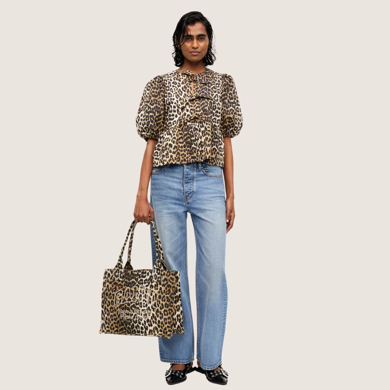 Printed Cotton Poplin Peplum Blouse (Leopard) - Image 2