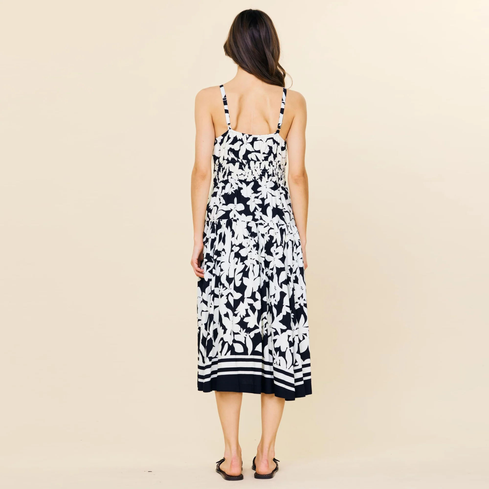 Printed Smock Waist Dress (Black + White) - Image 2