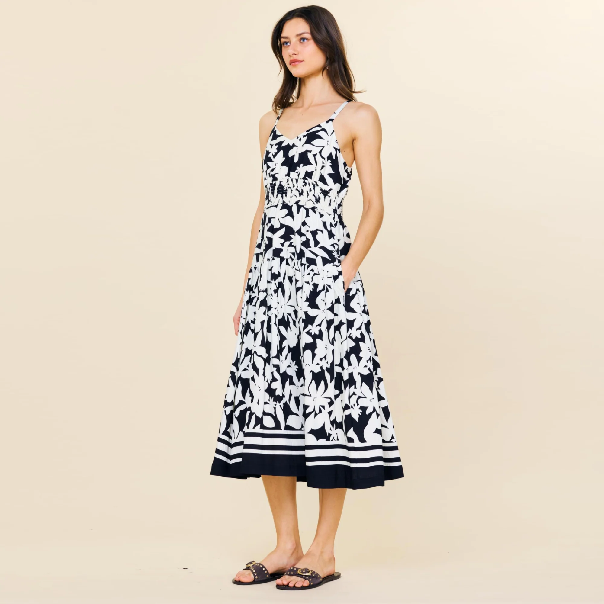 Printed Smock Waist Dress (Black + White) - Image 3