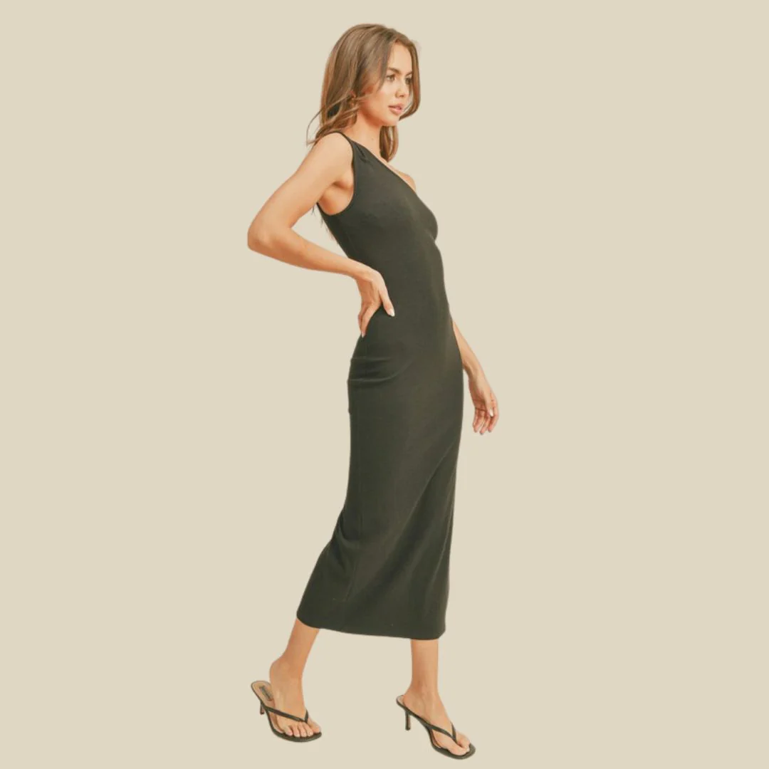 Ribbed One Shoulder Knit Long Dress (Olive) - Image 2