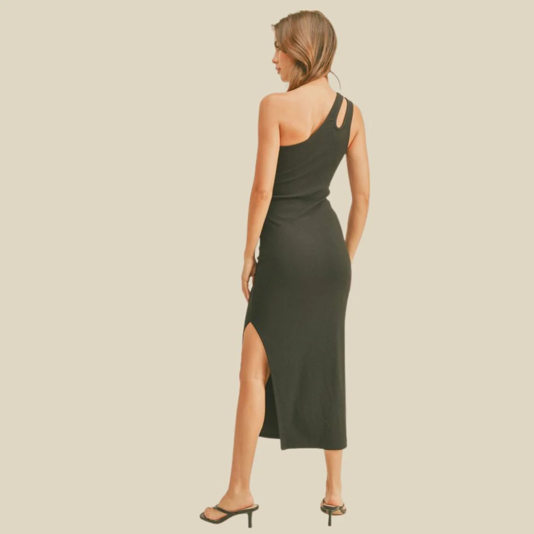 Ribbed One Shoulder Knit Long Dress (Olive) - Image 3