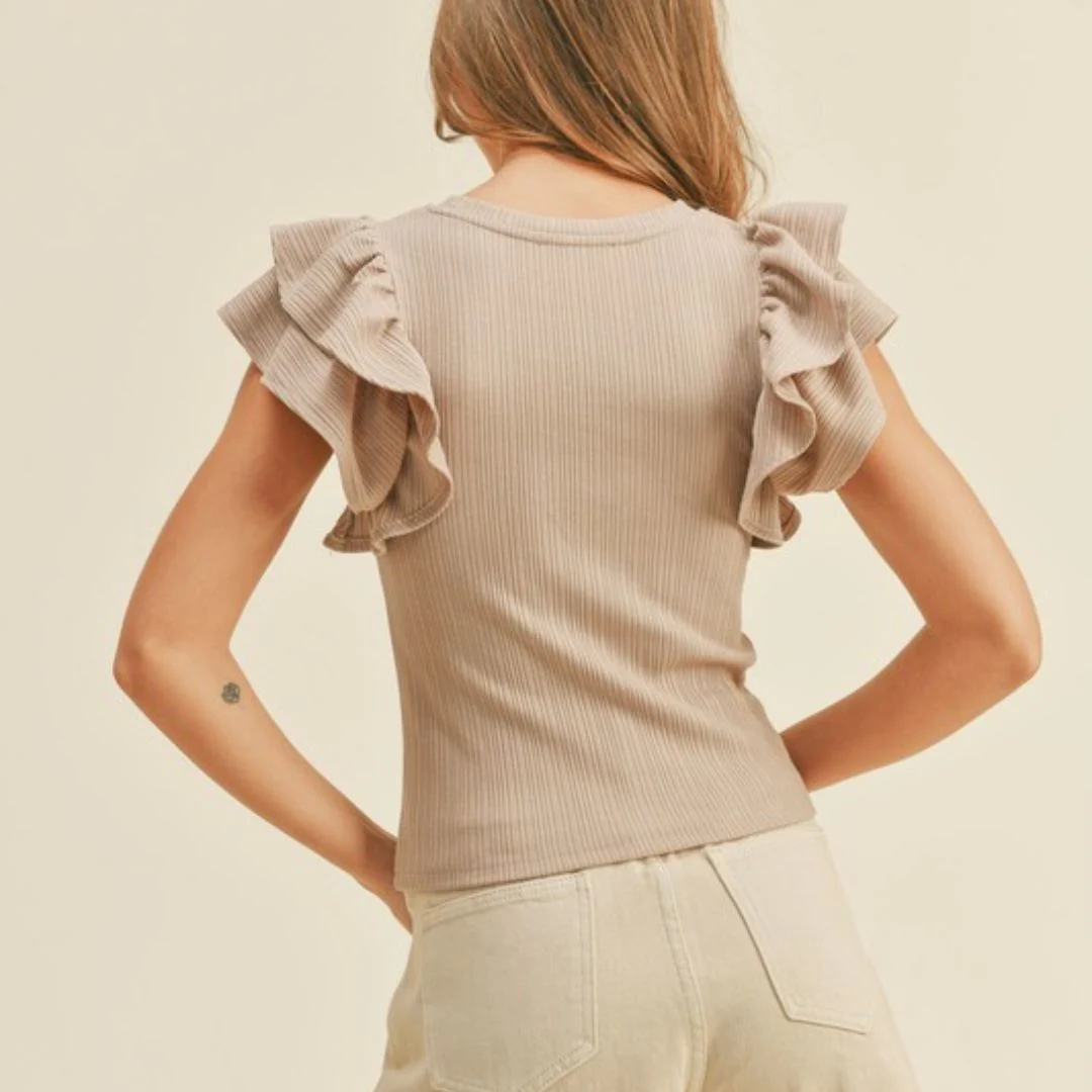 Ribbed Ruffle Sleeve Top (Taupe) - Image 3