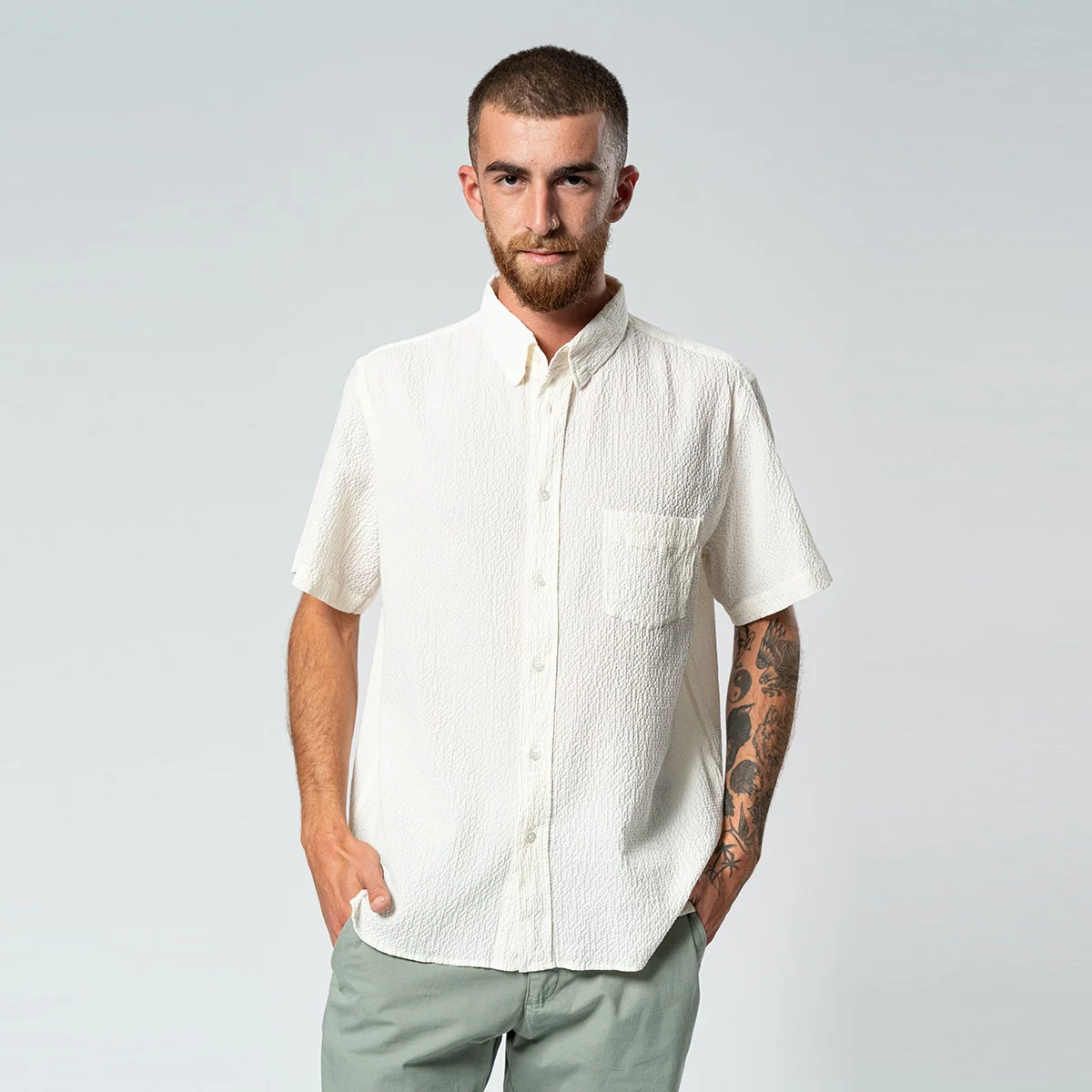 Ribeiro Chest Pocket Shirt (Ecru Seersucker) - Image 2