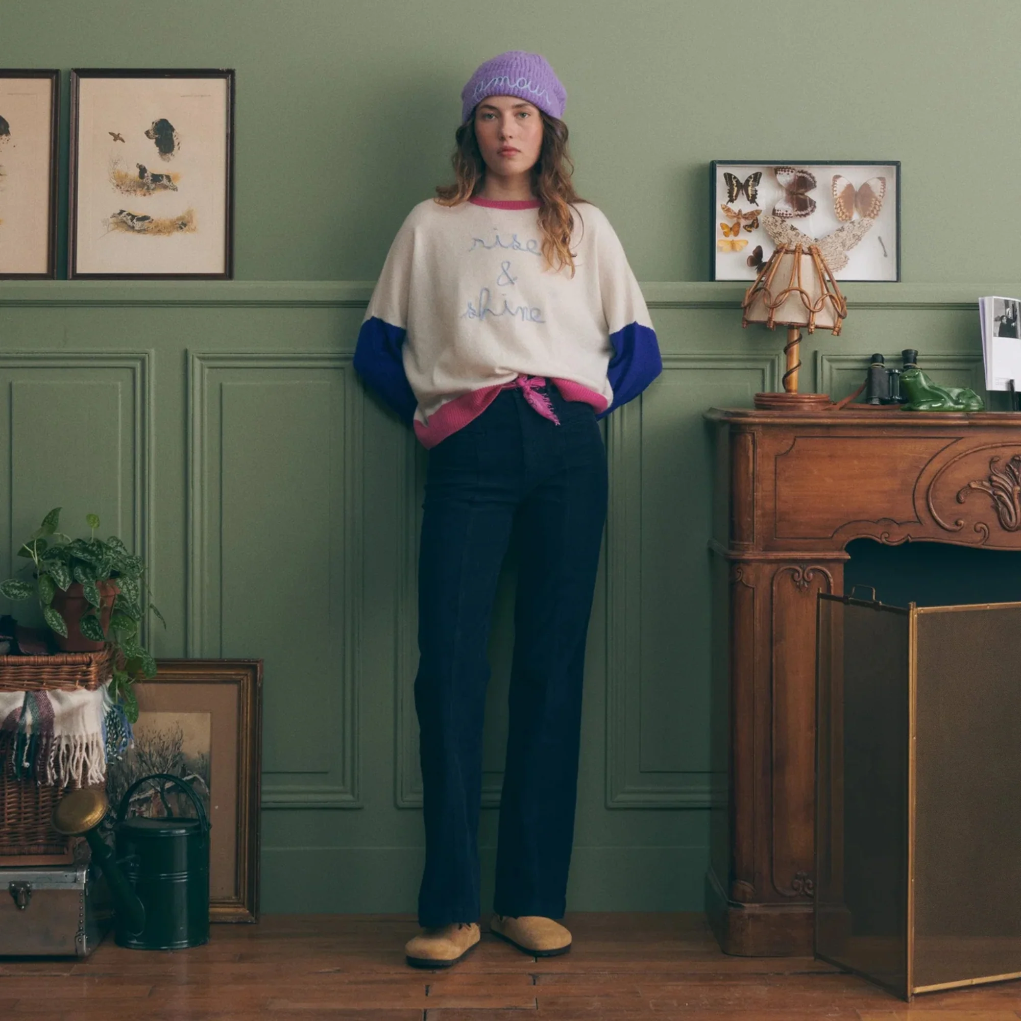 "Rise and Shine" Buzelin Cashmere Sweater (Ivory Flag Blue CB) - Image 3