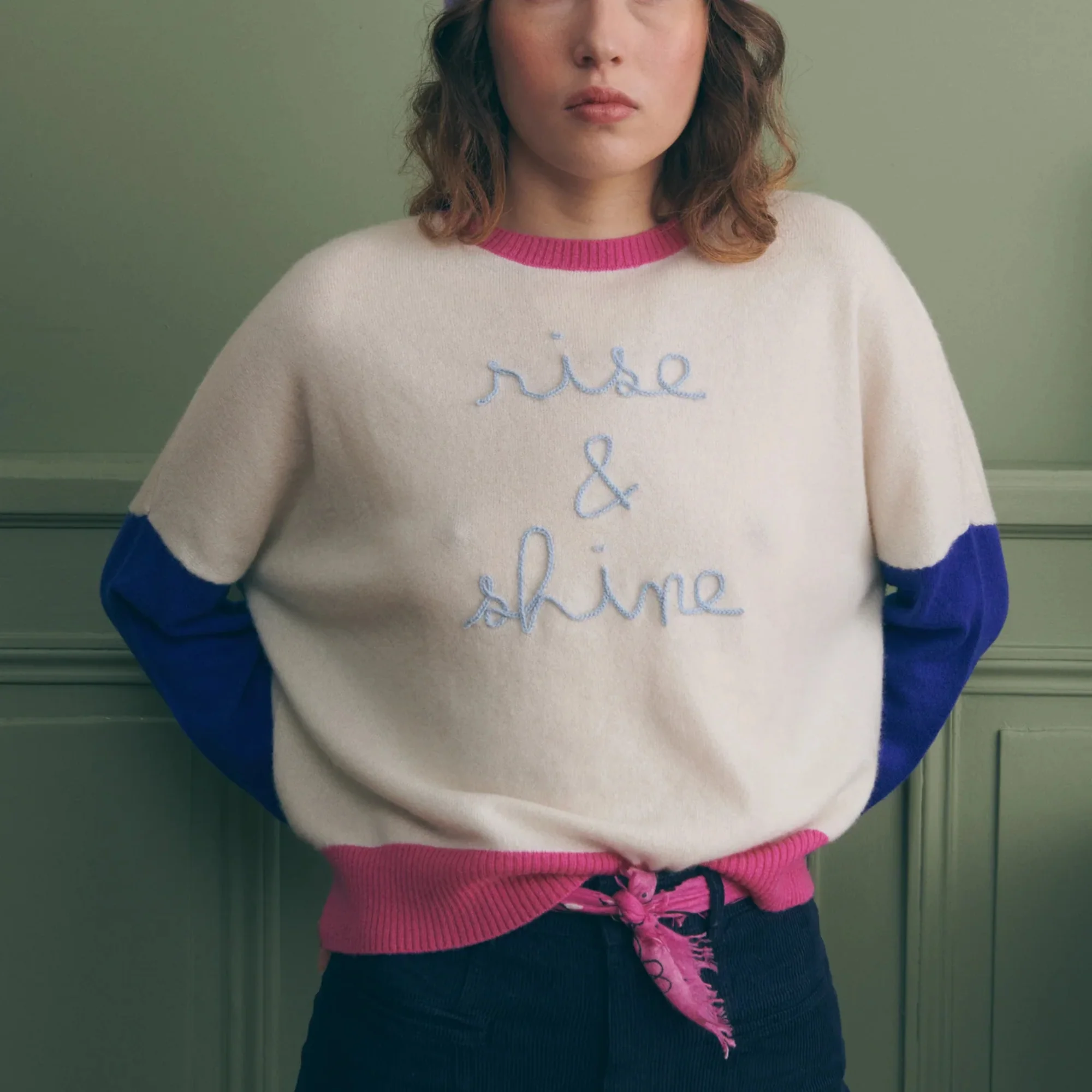 "Rise and Shine" Buzelin Cashmere Sweater (Ivory Flag Blue CB) - Image 4