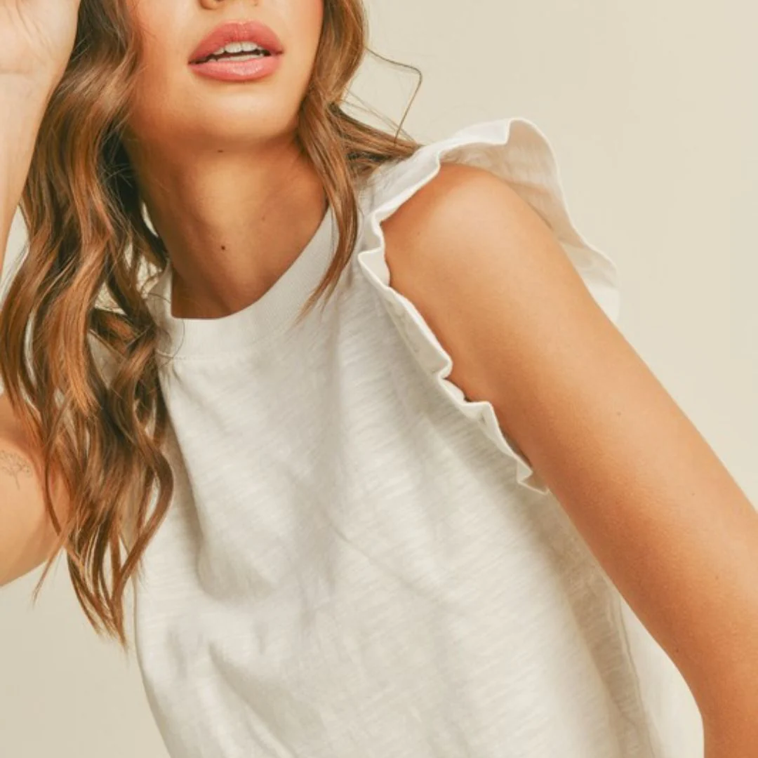 Round Neck Ruffled Sleeve Top (Off White) - Image 2