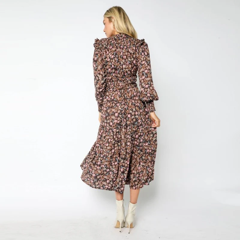 Ruffled Floral Midi Dress (Brown) - Image 2